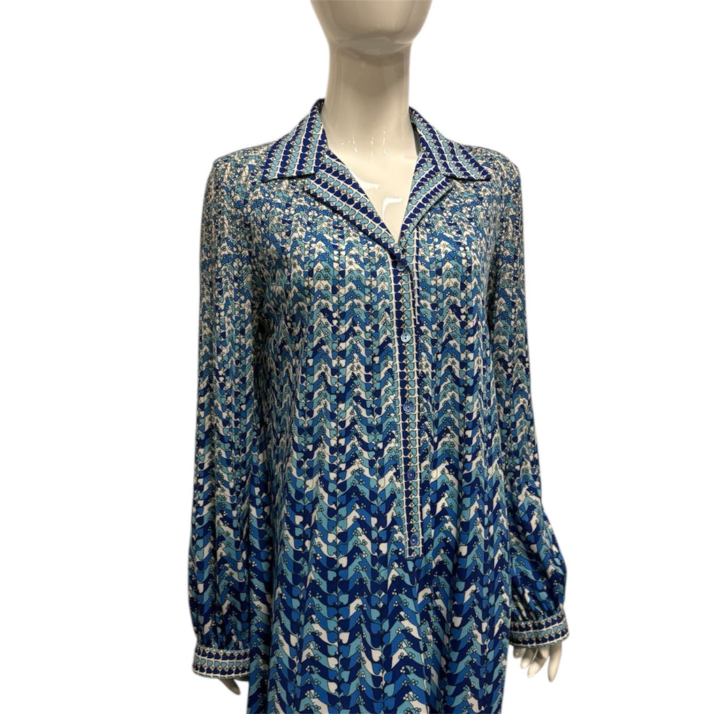 Vintage 60's 70's Dress 14 Blue Patterned Shirt Midi Mod True Retro Geometric