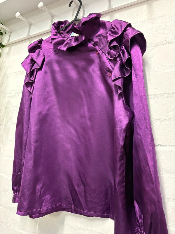 Vintage Blouse 10 12 Purple Satin Ruffle Shoulders True Retro Dramatic