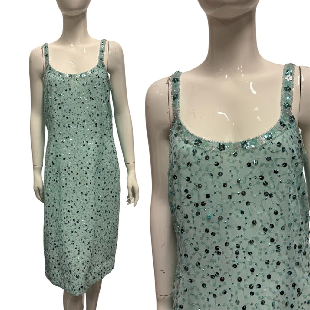 Vintage 90's y2k Dress 12 14 Light Turquoise Blue Sequin Party Prom Beaded Glam