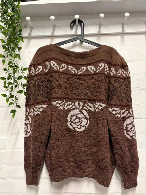 Vintage 80’s Jumper Brown Floral Pattern M/L 12 14 Cottagecore Cottage Retro