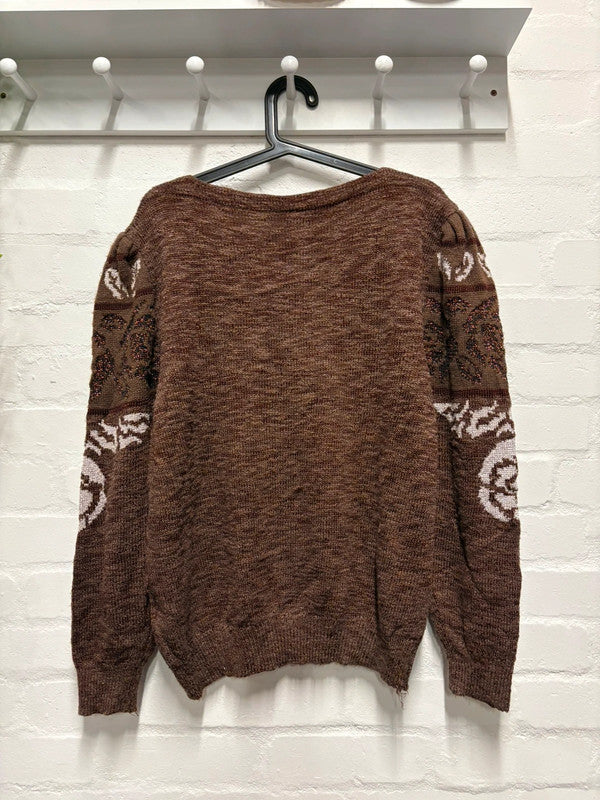 Vintage 80’s Jumper Brown Floral Pattern M/L 12 14 Cottagecore Cottage Retro