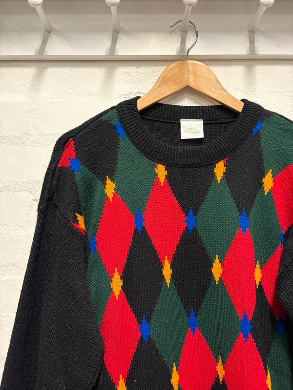 Vintage 80's Jumper L 14 16 Diamond Pattern Bright Crazy Knit Long