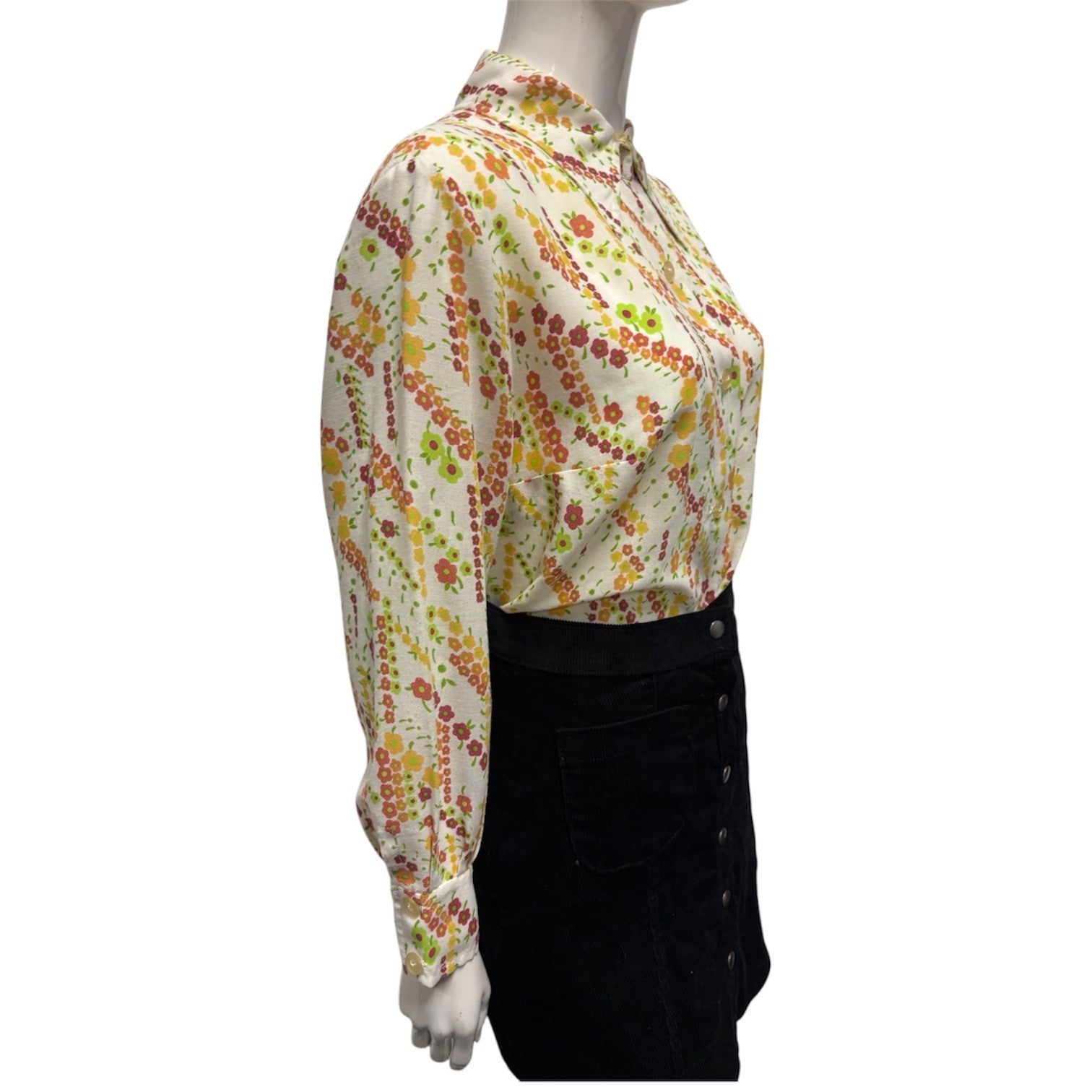 Vintage 70's Print Blouse Shirt Sharp Pointy Collar 12 14 Floral Mod True Cream
