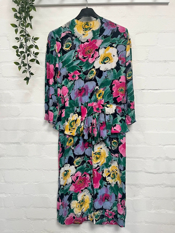 Vintage Dress 12 14 80’s Pink Floral Print Tropical Midi Retro
