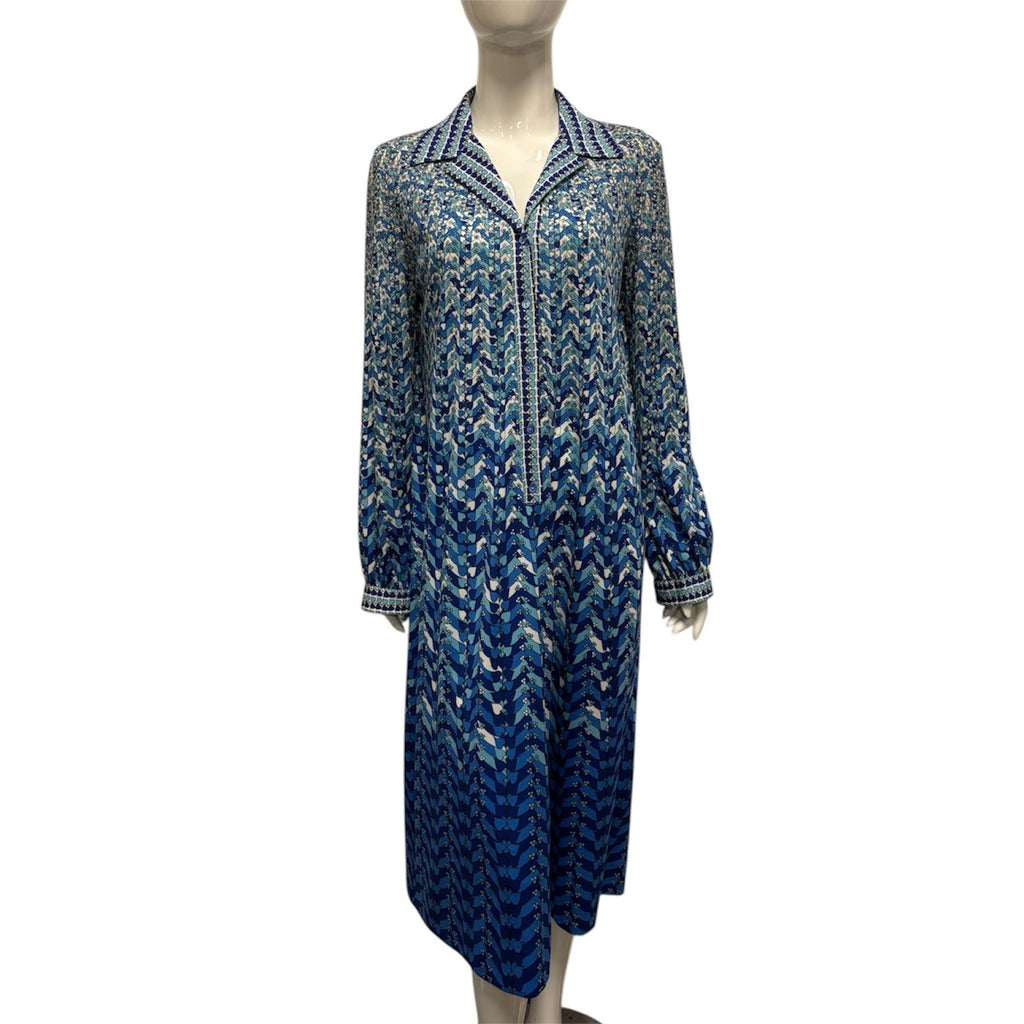 Vintage 60's 70's Dress 14 Blue Patterned Shirt Midi Mod True Retro Geometric