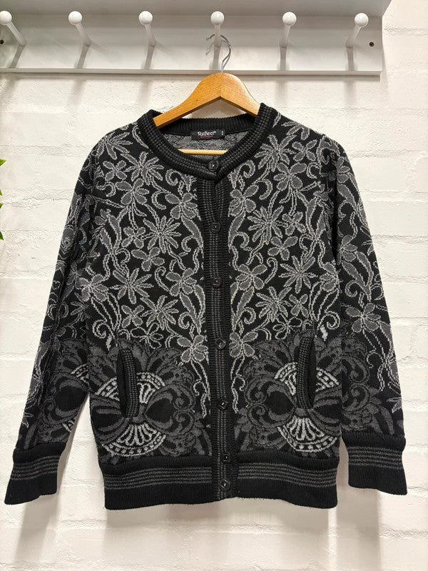 Vintage 80’s Cardigan S/M Black Grey Pattern Retro Alt Goth Cosy
