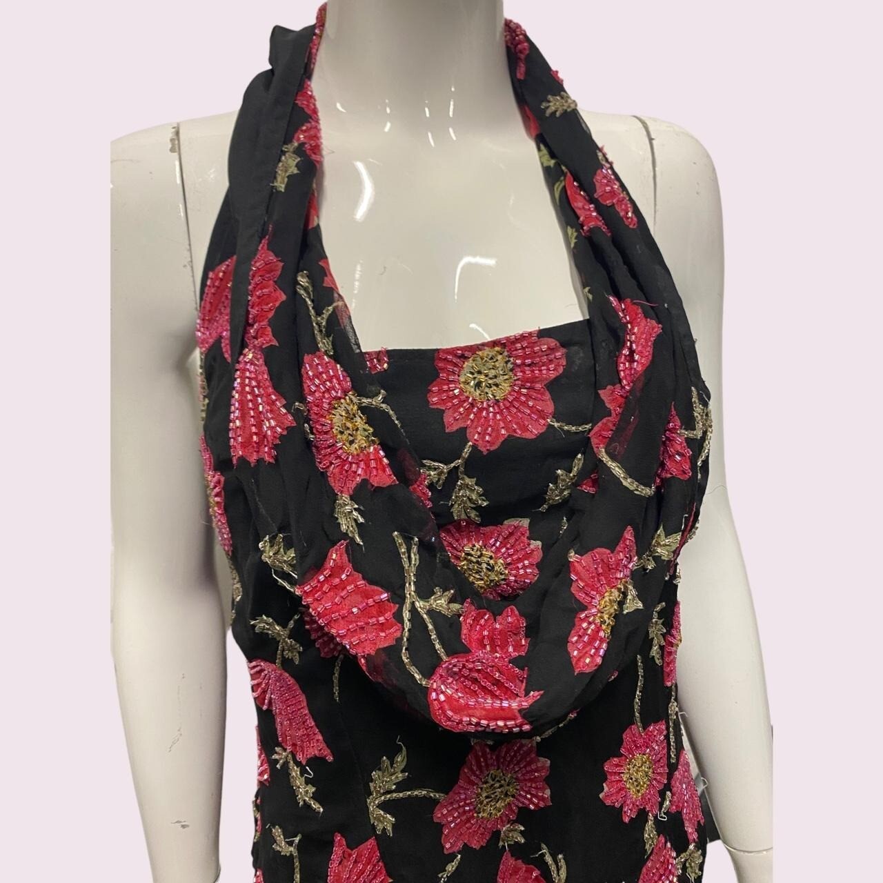 Vintage 90's 50's Style Black Pink Floral Sequin Top L/XL 14-16 Halterneck