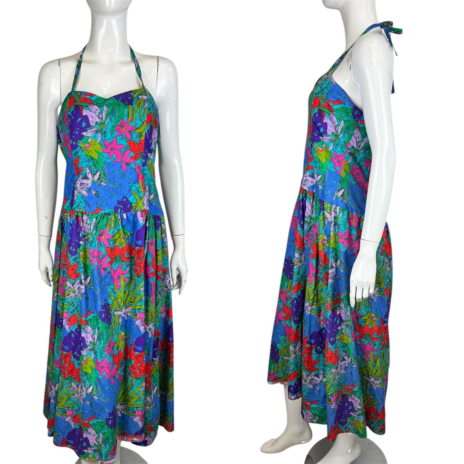 Vintage 80's Dress 14-16 Tropical Corset Halterneck Bright Colourful Party
