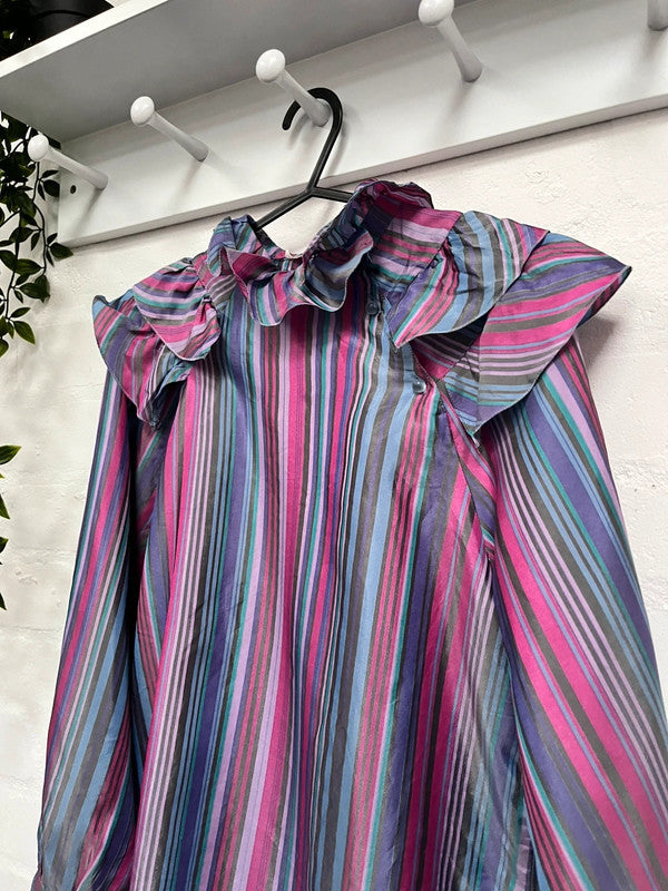 Vintage Blouse 8 Purple Ruffle Collar Stripe 80's