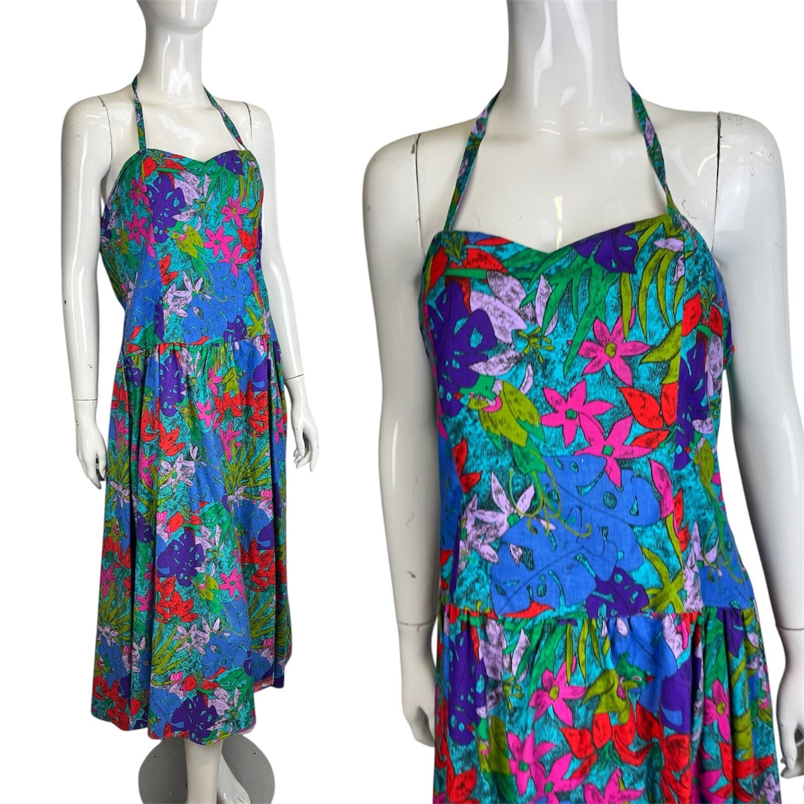 Vintage 80's Dress 14-16 Tropical Corset Halterneck Bright Colourful Party