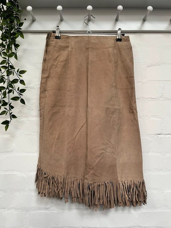 Vintage Suede Skirt 10 Cowgirl Tan Beige Fringed Tassels