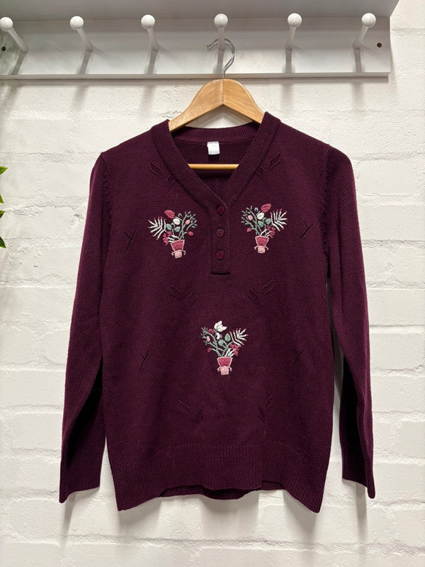 Vintage Jumper Cottagecore Plum M Purple Floral Embroidery