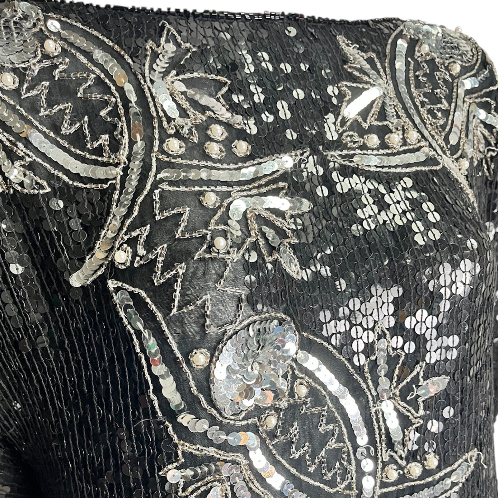 Vintage 80's Black Sequin Top L 12/14 Beaded Glitzy Evening Party Glam