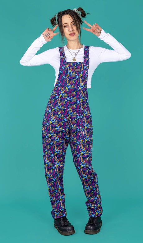 90's Arcade Print Stretch Twill Cotton Dungarees by Run and Fly