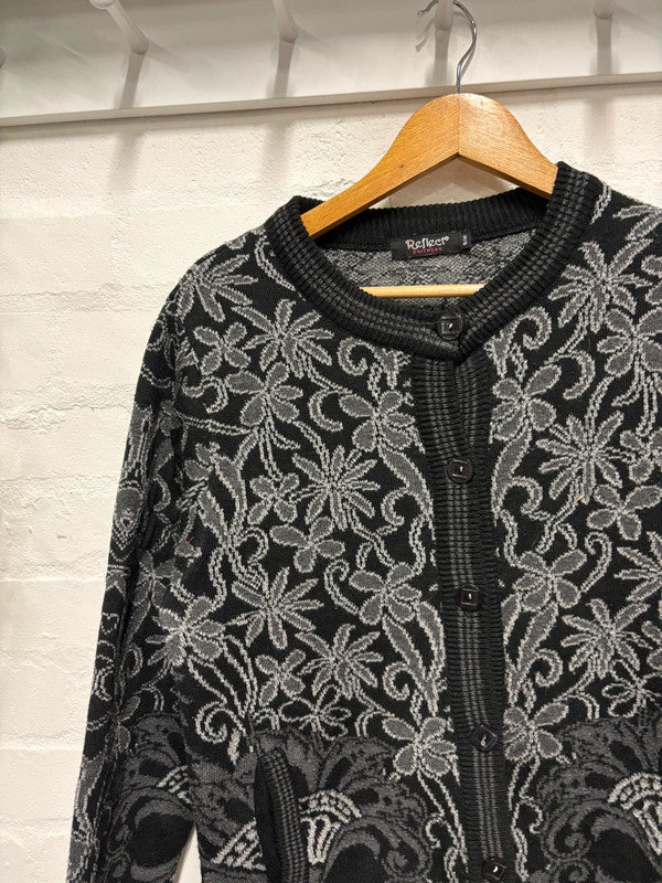 Vintage 80’s Cardigan S/M Black Grey Pattern Retro Alt Goth Cosy