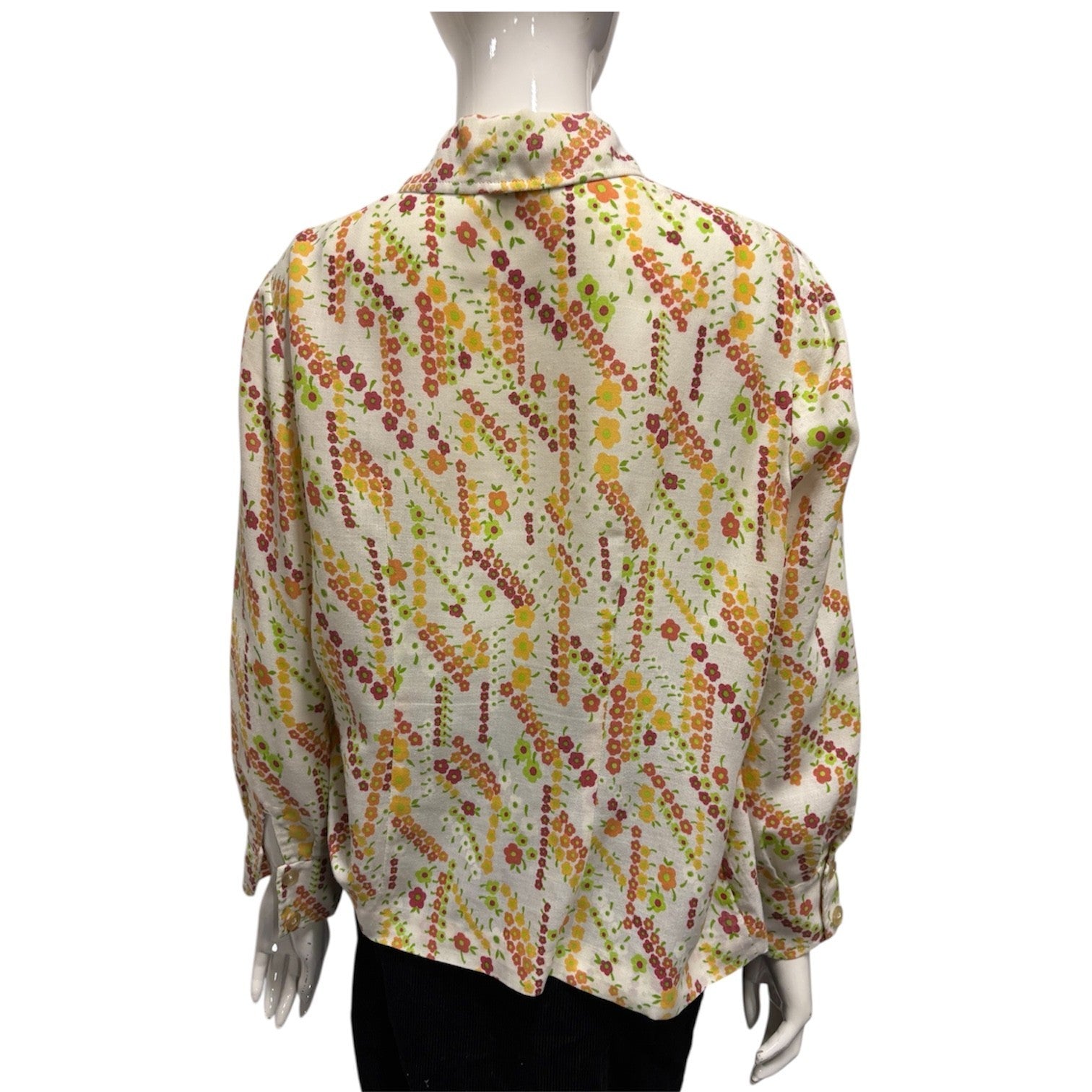 Vintage 70's Print Blouse Shirt Sharp Pointy Collar 12 14 Floral Mod True Cream