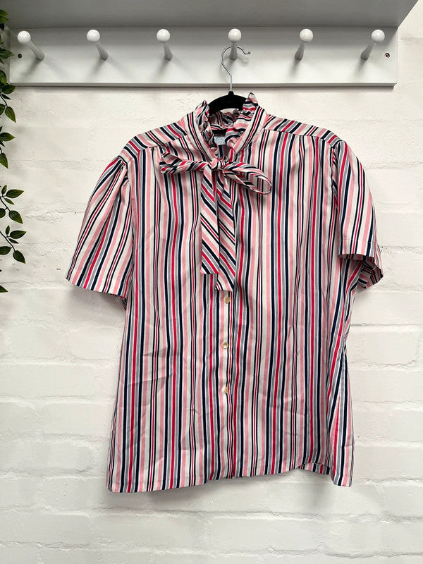 Vintage Pussy Bow Blouse 12 14 Stripe Red White Blue 70’s 80’s