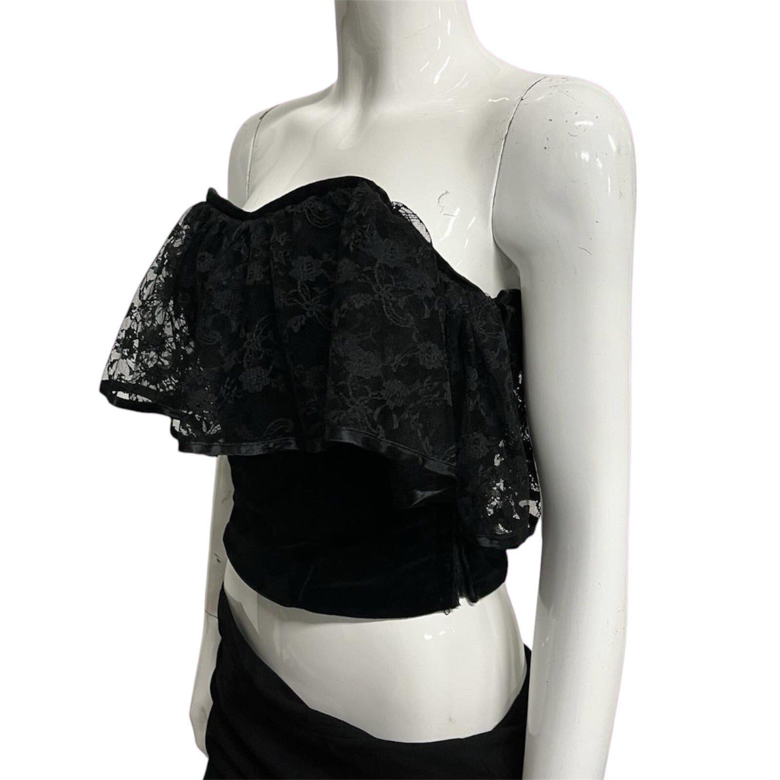 Vintage 80's Corset Top Lace Trim Velvet Black 8-10 Goth Alt Whimsygoth