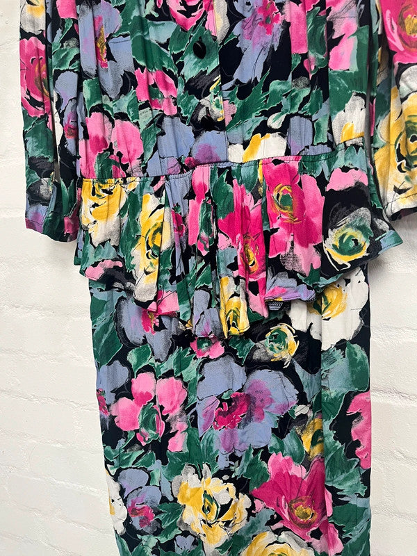 Vintage Dress 12 14 80’s Pink Floral Print Tropical Midi Retro