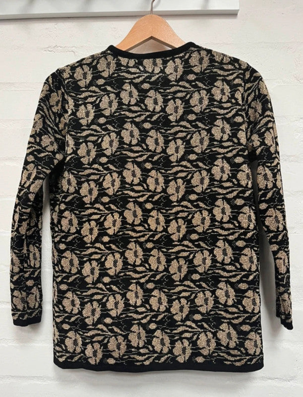 Vintage Cardigan 60’s 70’s 12-14 Black Gold Floral Mod Retro True