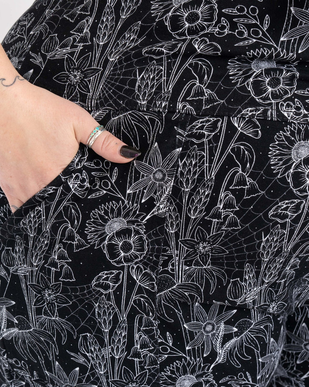 Black Floral Cobweb Print Stretch Cotton Dungarees by Rebel Romance