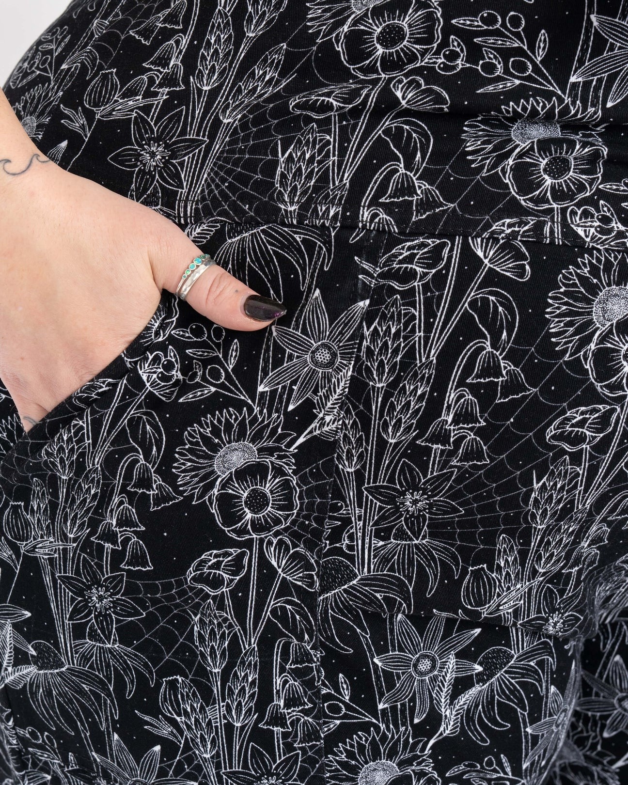 Black Floral Cobweb Print Stretch Cotton Dungarees by Rebel Romance