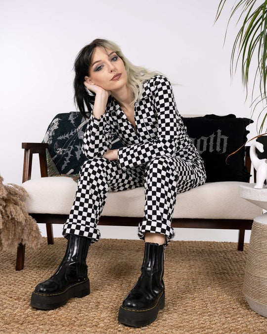Black and White Checkerboard Stretch Twill Boiler Suit by Run and Fly