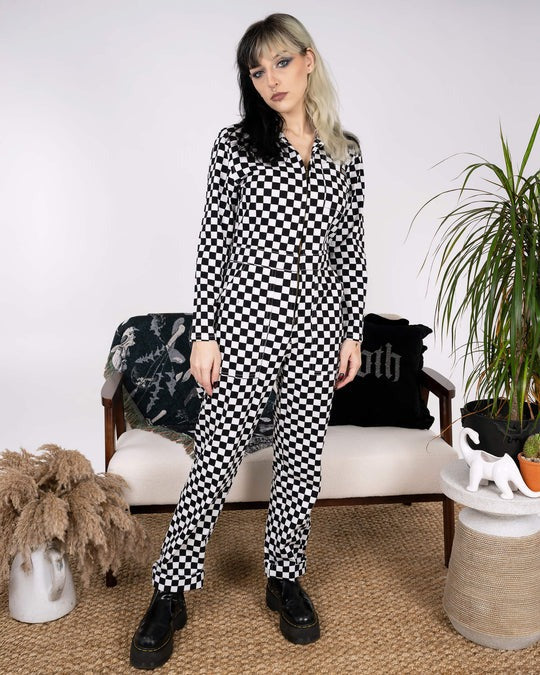 Black and White Checkerboard Stretch Twill Boiler Suit by Run and Fly