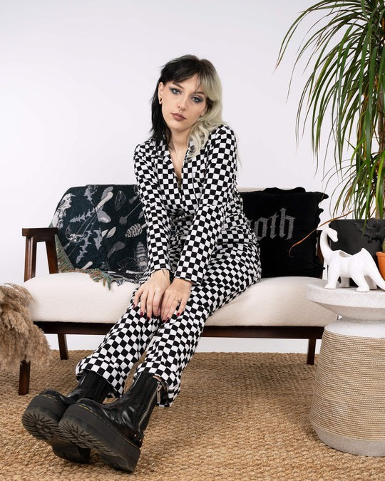 Black and White Checkerboard Stretch Twill Boiler Suit by Run and Fly