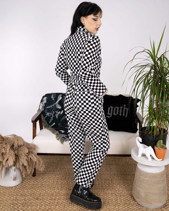Black and White Checkerboard Stretch Twill Boiler Suit by Run and Fly