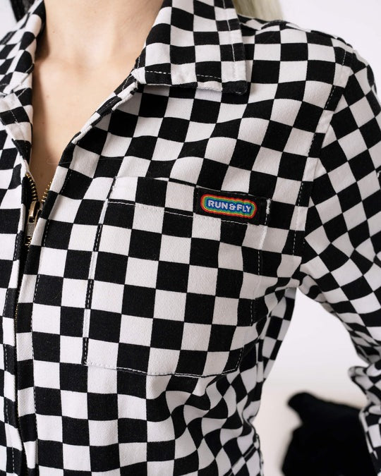 Black and White Checkerboard Stretch Twill Boiler Suit by Run and Fly