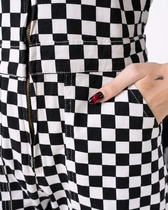 Black and White Checkerboard Stretch Twill Boiler Suit by Run and Fly
