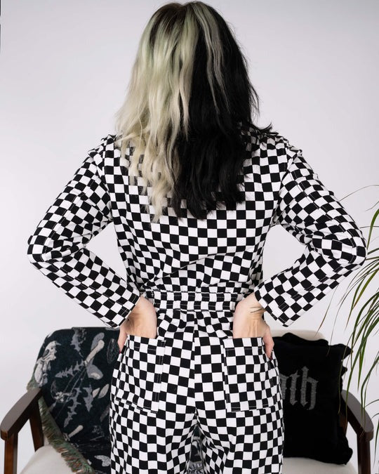 Black and White Checkerboard Stretch Twill Boiler Suit by Run and Fly