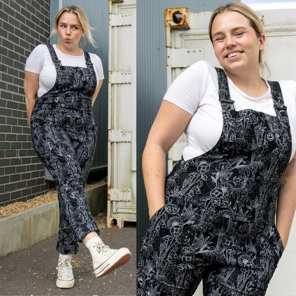 Black Floral Cobweb Print Stretch Cotton Dungarees by Rebel Romance