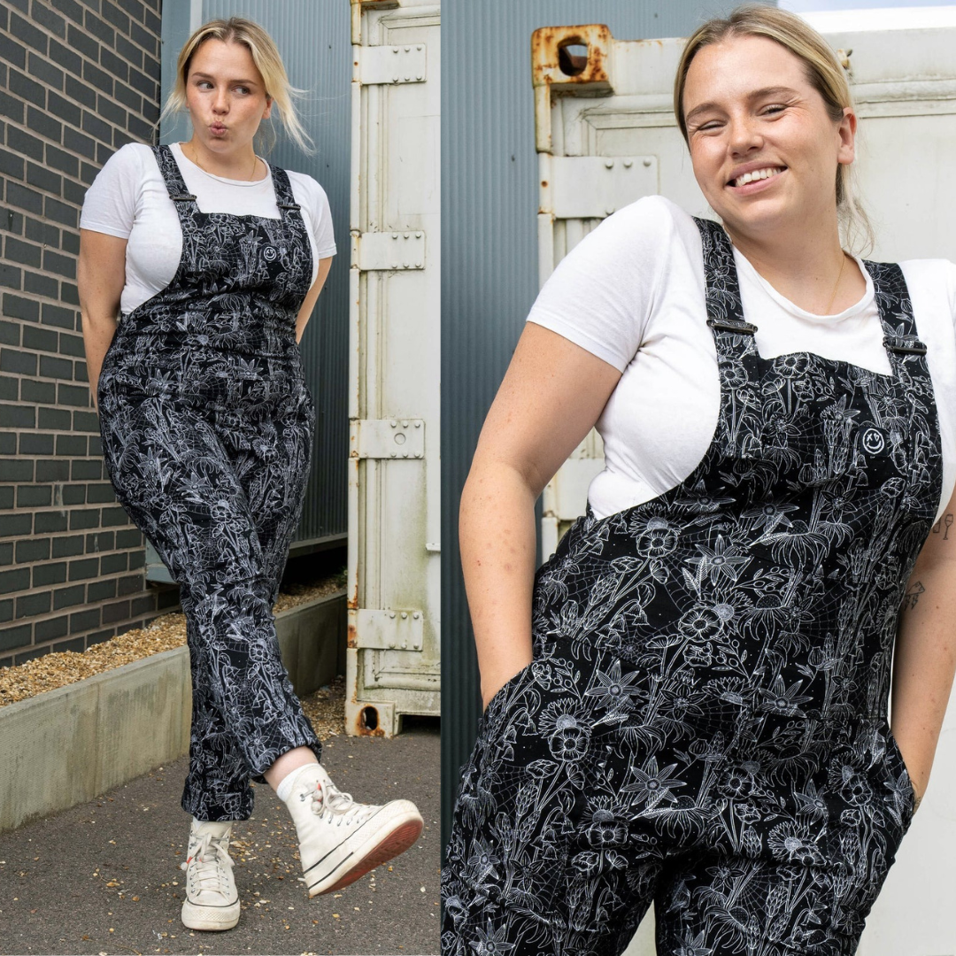 Black Floral Cobweb Print Stretch Cotton Dungarees by Rebel Romance