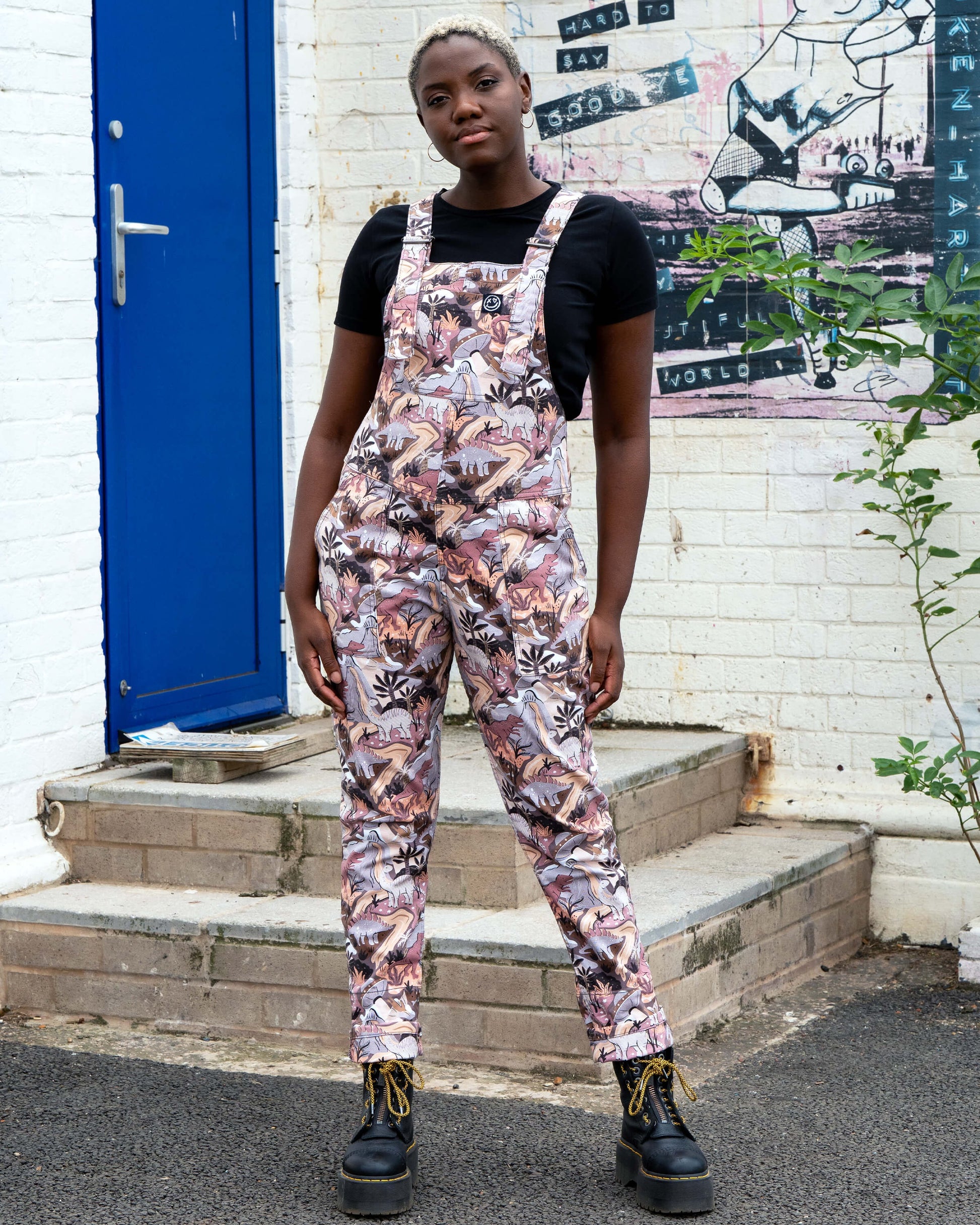 Dinoverse Dinosaur Print Stretch Cotton Dungarees by Rebel Romance