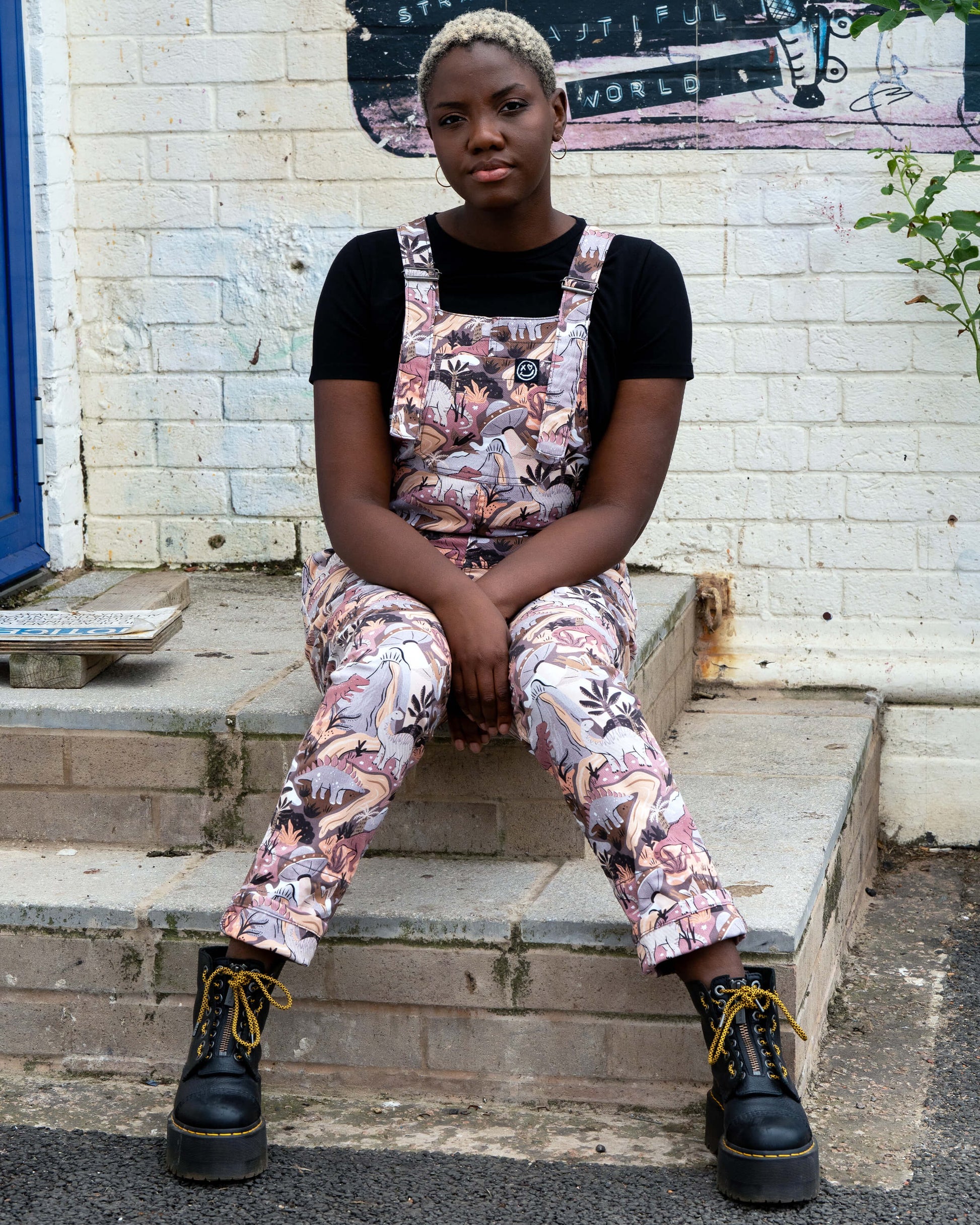 Dinoverse Dinosaur Print Stretch Cotton Dungarees by Rebel Romance