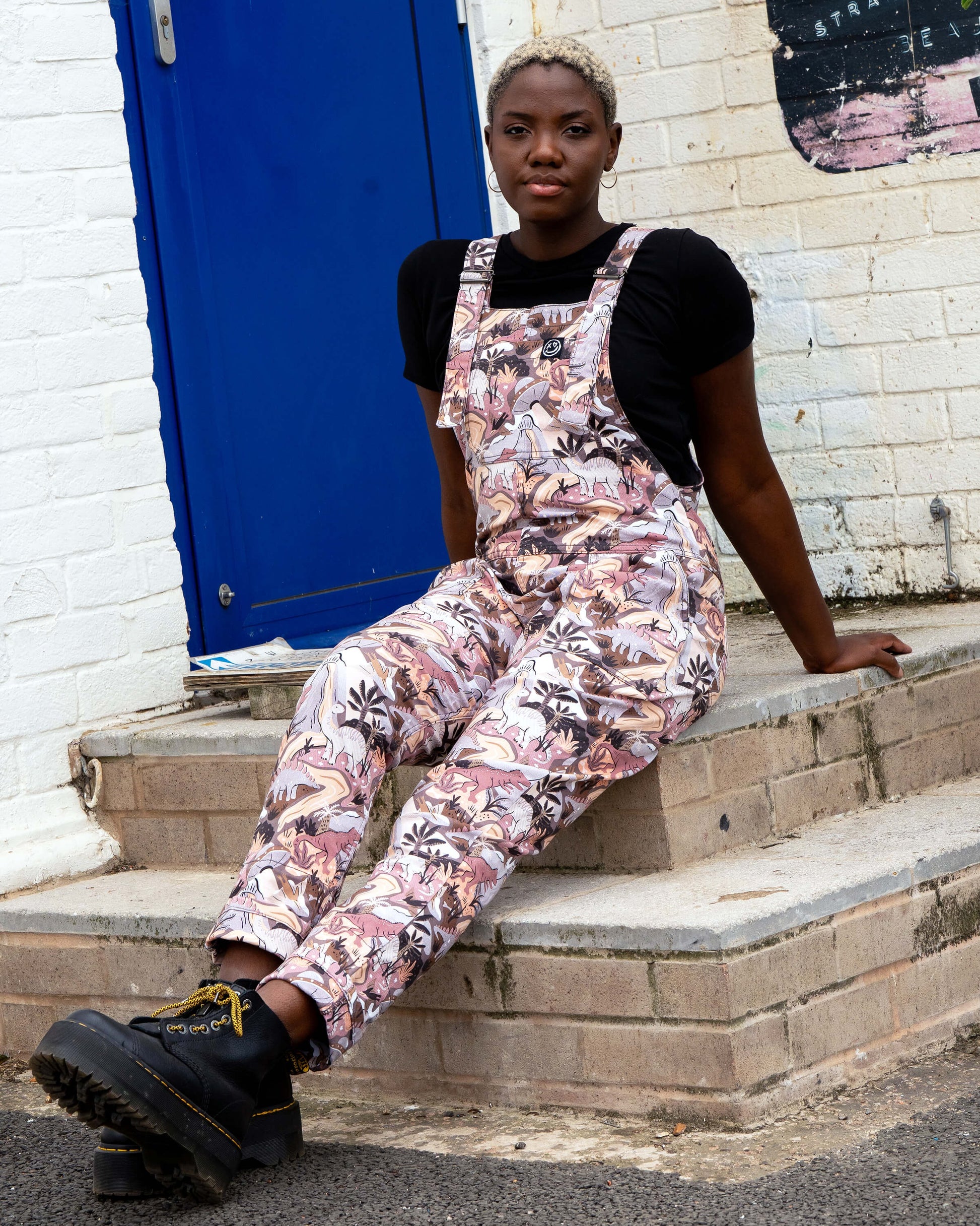 Dinoverse Dinosaur Print Stretch Cotton Dungarees by Rebel Romance