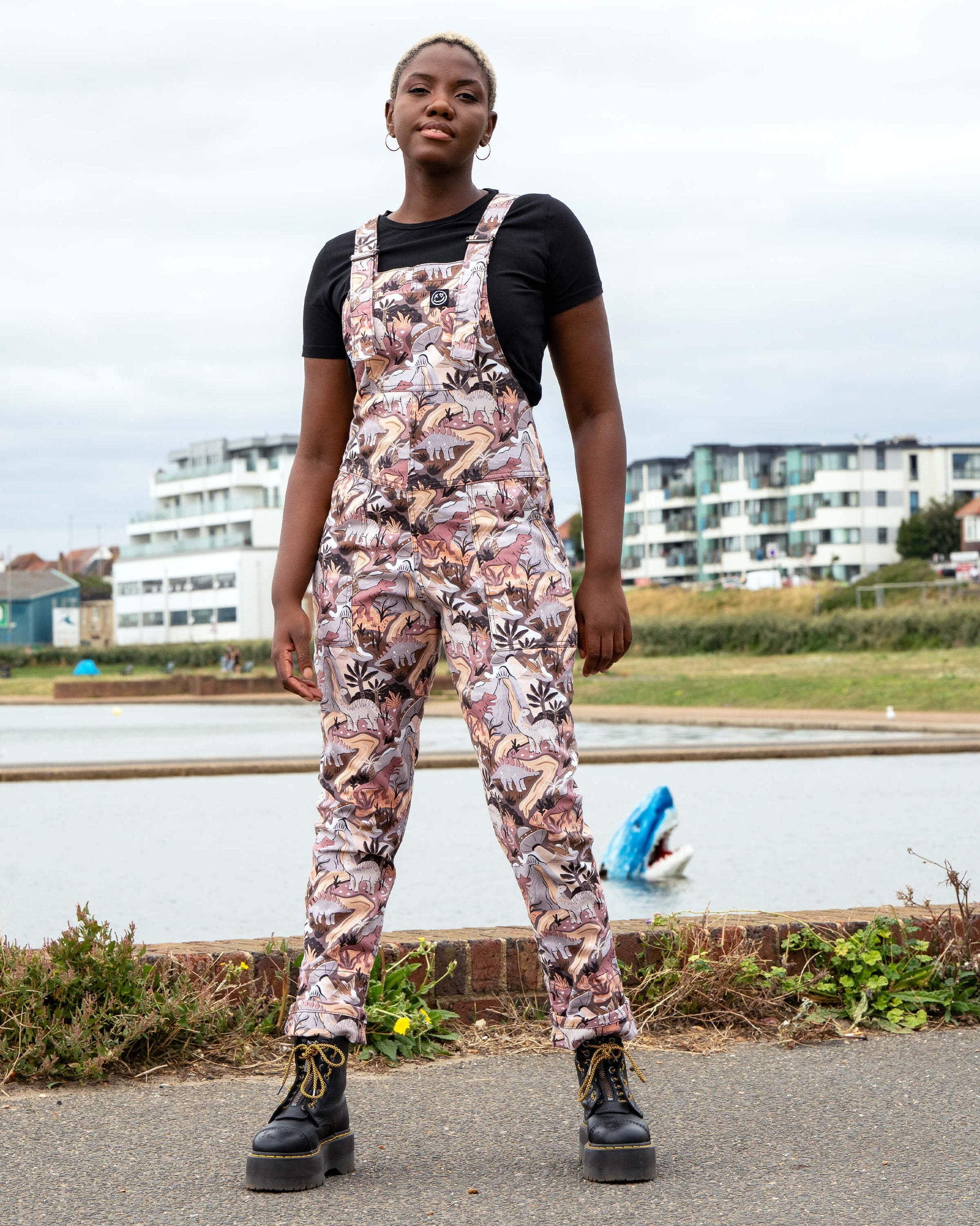 Dinoverse Dinosaur Print Stretch Cotton Dungarees by Rebel Romance