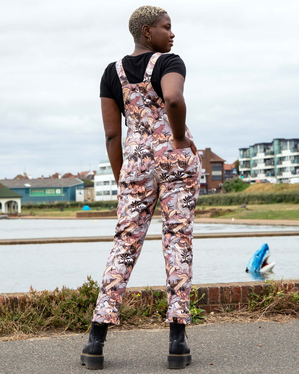 Dinoverse Dinosaur Print Stretch Cotton Dungarees by Rebel Romance