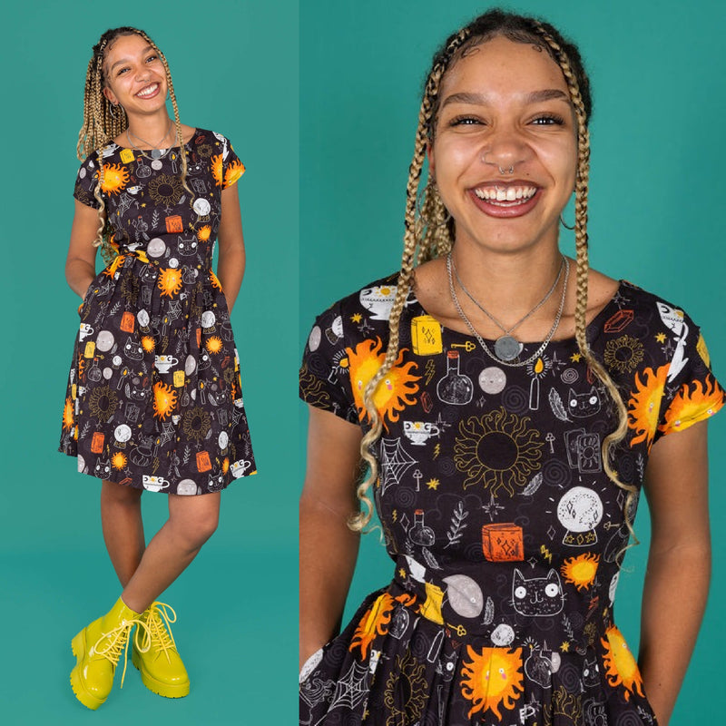 Solar Witch Print Cotton Tea Dress with Pockets by Run and Fly X Katie Abey