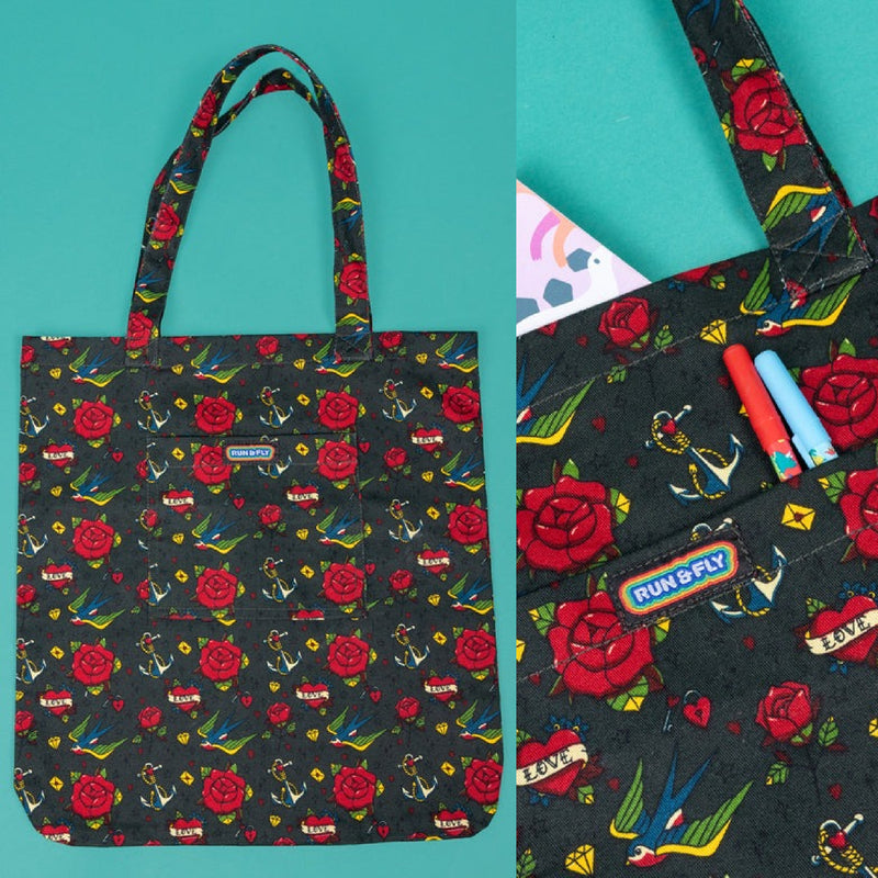 Retro Old School Tattoo Print Tote Bag by Run and Fly