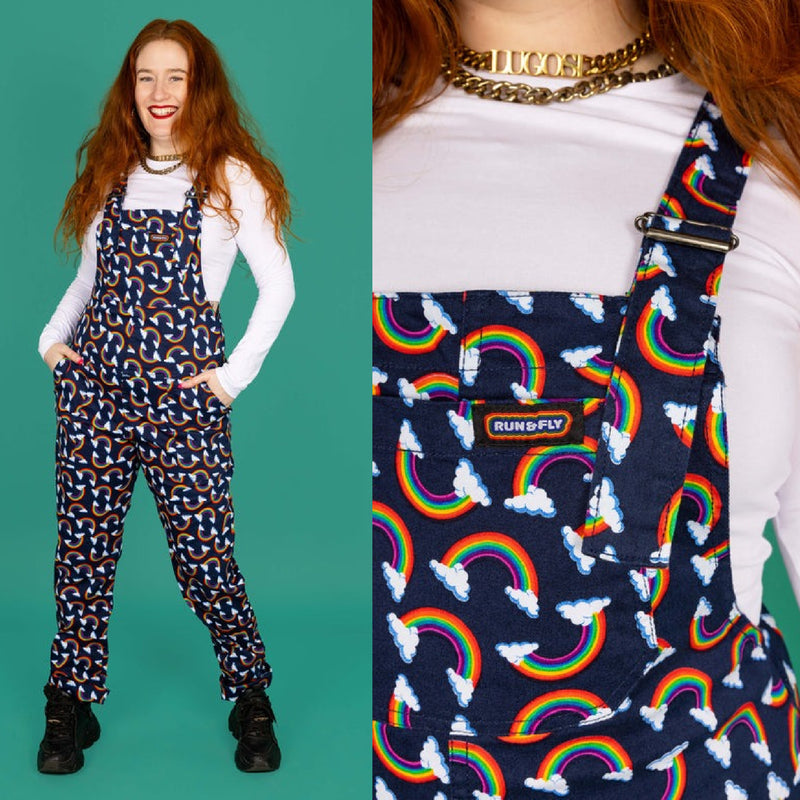 Run and Fly Over The Rainbow Print Stretch Twill Cotton Dungarees