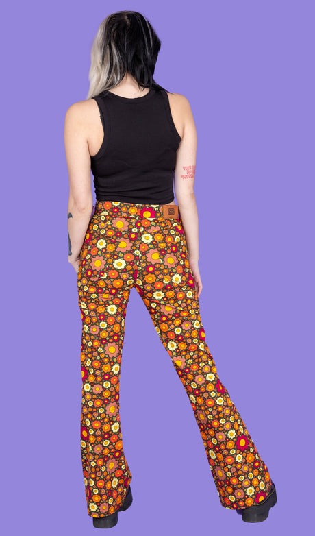Run and Fly 70's BRIGHT DITSY Floral Stretch Flares Jeans