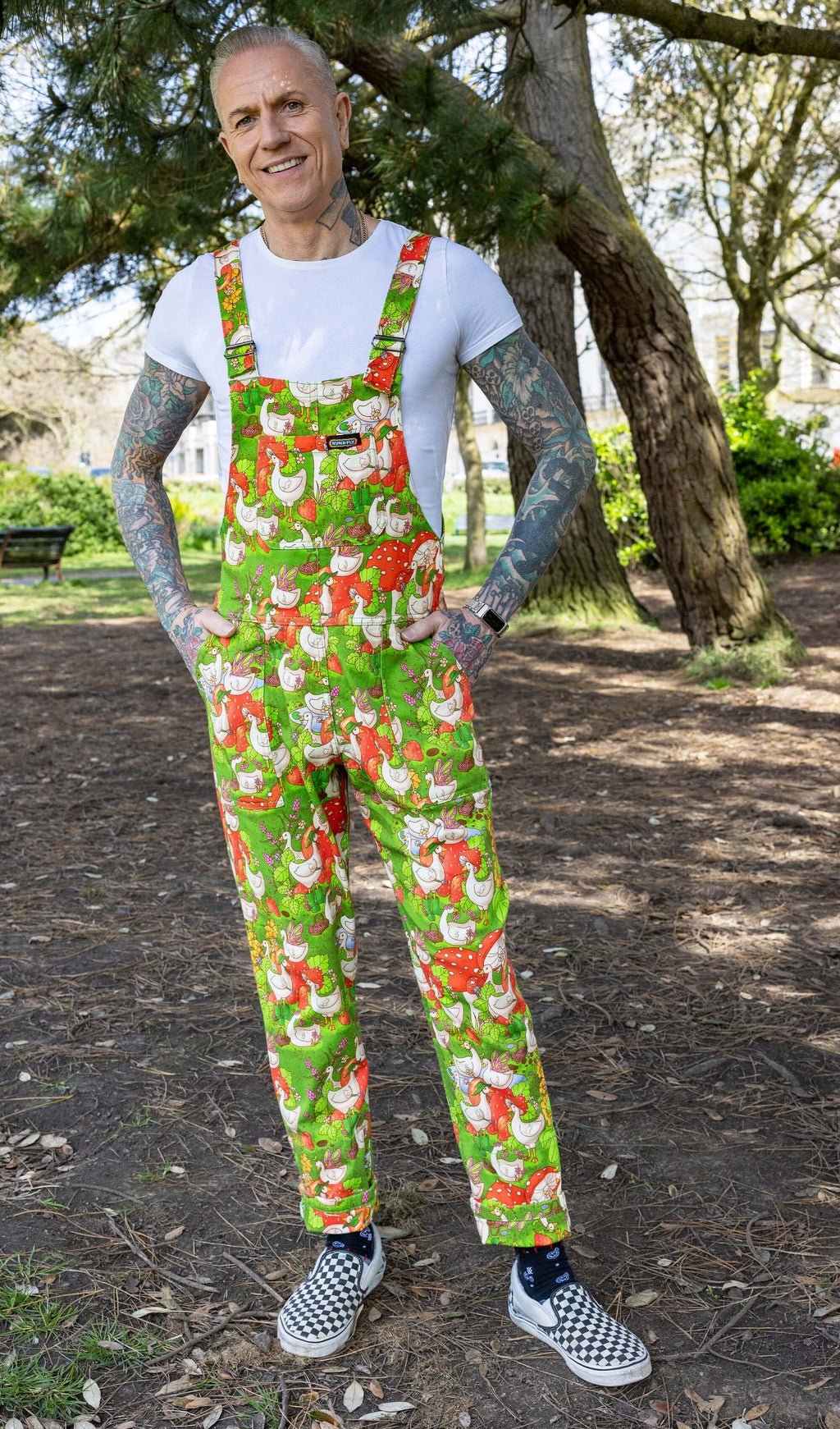 In the Geese Garden Print Stretch Twill Cotton Dungarees by Run and Fly X The Mushroom Babes