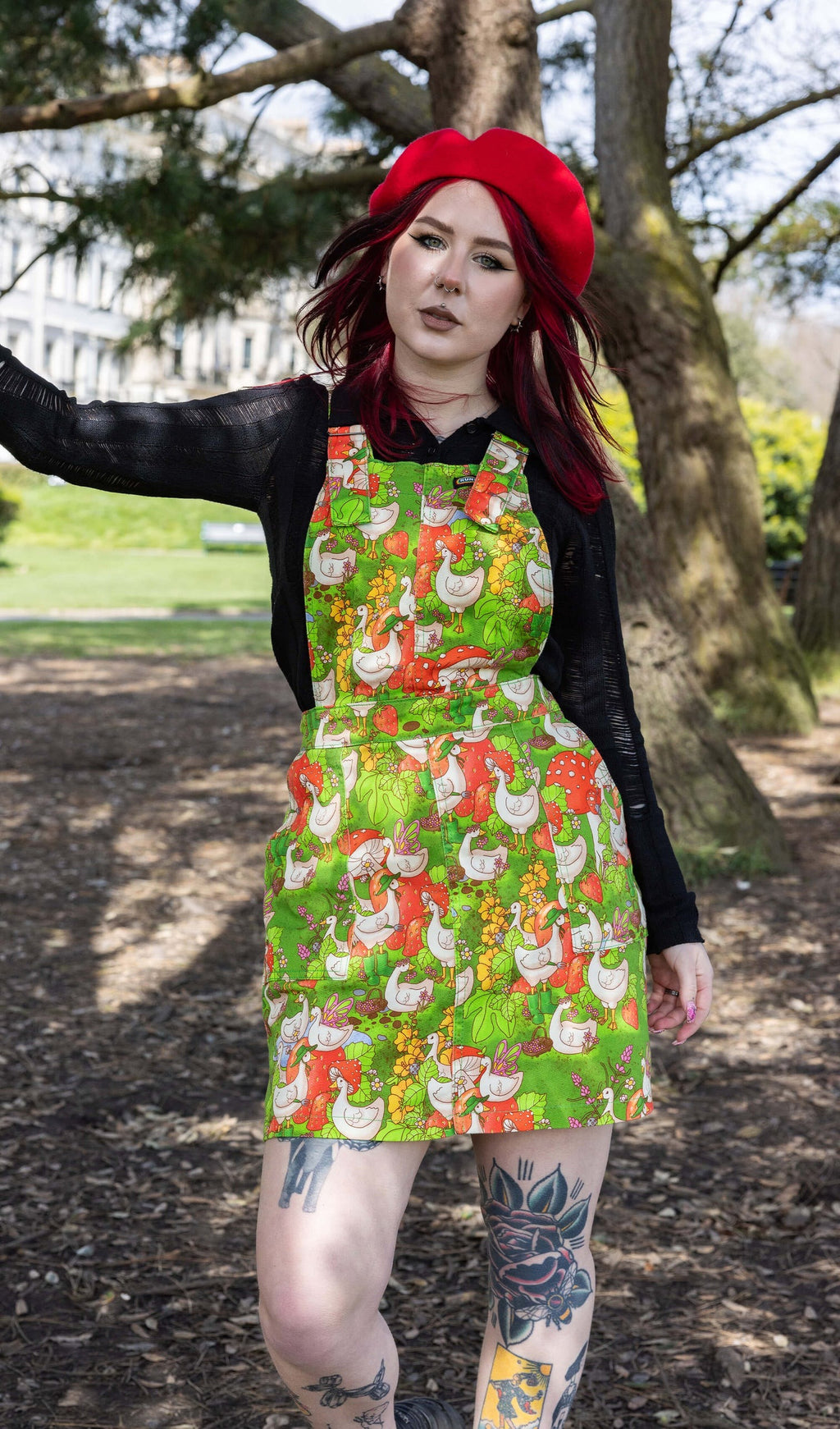 In The Geese Garden Print Dungaree Pinafore Dress by Run and Fly X The Mushroom Babes
