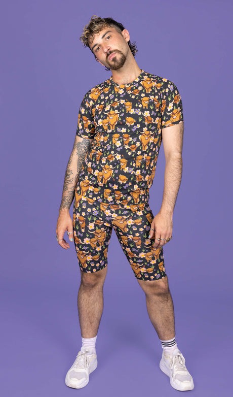 Highland Cow Print Cycling Shorts by Run and Fly