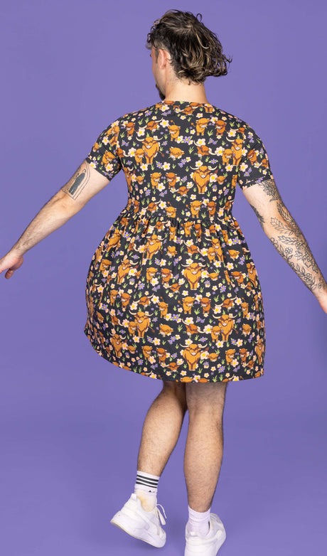 Highland Cow Print Smock Dress with Pockets by Run and Fly