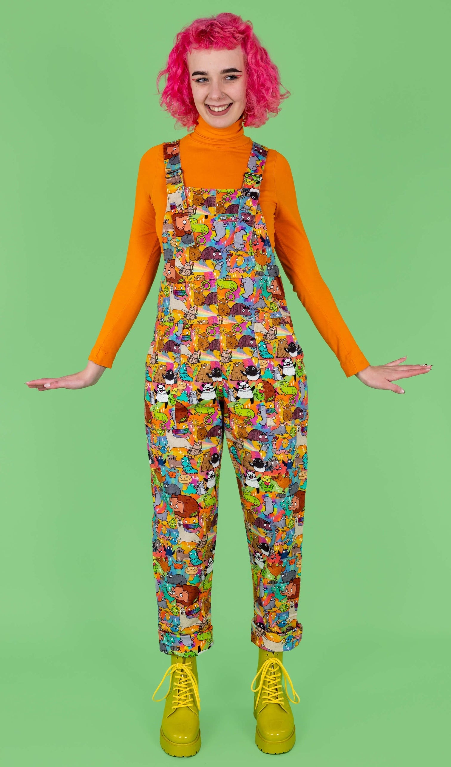 Run and Fly X Katie Abey Weird and Wonderful Print Stretch Twill Cotton Dungarees