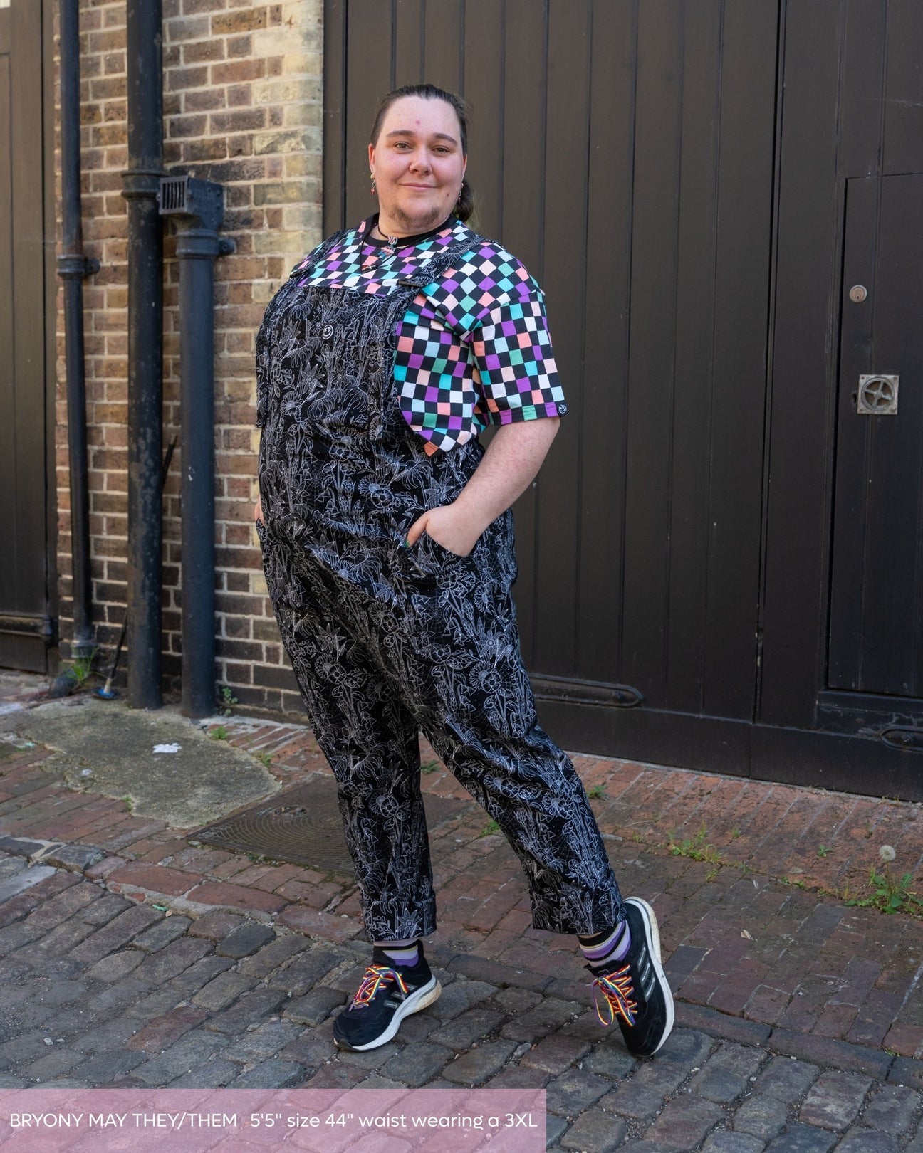 Black Floral Cobweb Print Stretch Cotton Dungarees by Rebel Romance